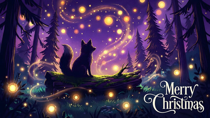 Whimsical forest scene with fox under starry night sky