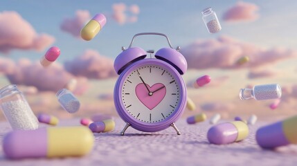 Purple clock with heart face, surrounded by pills, against cloudy sky background