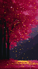 Pink Autumn Tree with Falling Yellow Leaves