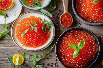 Red caviar served in bowls on wooden table.