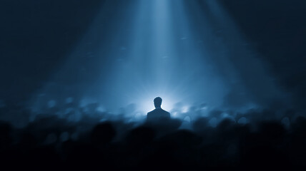 Man Silhouette Under Blue Spotlight in Large Hall