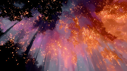 Low Angle View of Magical Glowing Trees with Sparkles