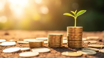 Stacks of gold coins with small plant growing on top symbolizing financial growth