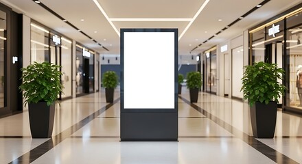 Obraz premium Blank advertising billboard in a modern shopping mall, providing a clear space for promotional content, surrounded by highend retail stores and plants