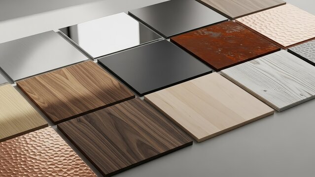 Assortment of high quality surface material samples including wood metal mirror and textured finishes for design