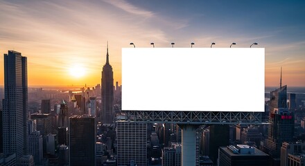 Blank billboard towering over the vibrant cityscape of new york city at sunset, offering a prime advertising opportunity against the skyline
