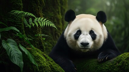 Obraz premium A panda resting on a moss-covered log in a green forest.