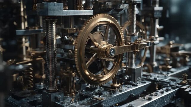Ultra HD Closeup of intricate steampunk clockwork mechanism with detailed brass gears and metal components in a dark, industrial setting video