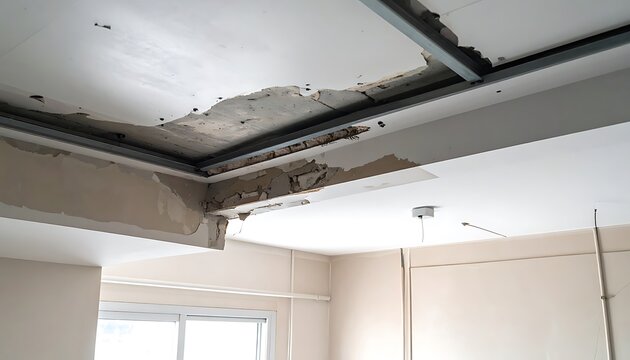 Interior ceiling damage in a room shows exposed structure, paint peeling, and plaster damage needing repair