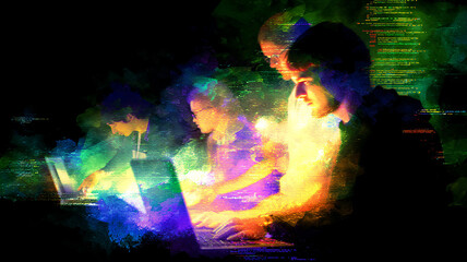 Abstract Digital Illustration of People Working on Laptops