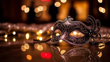 Elegant black masquerade mask rests on a reflective surface surrounded by warm golden bokeh lights creating a mysterious atmosphere