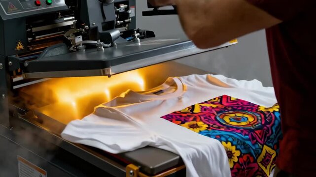 Medium shot capturing the heat press machine transferring sublimation ink onto a polyester tshirt with vivid results.
