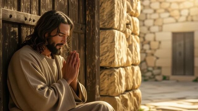 A cinematic depiction of Jesus Christ praying in an ancient city. The son of God in a moment of solemn devotion and contemplation. Faith and Christian spirituality concept