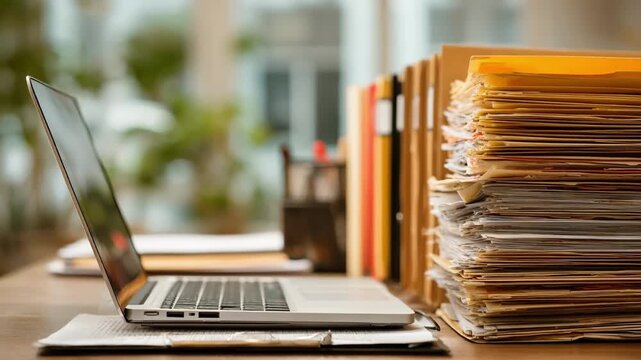 Medium shot showing a hybrid record system with both physical files and a laptop demonstrating integrated client record organization
