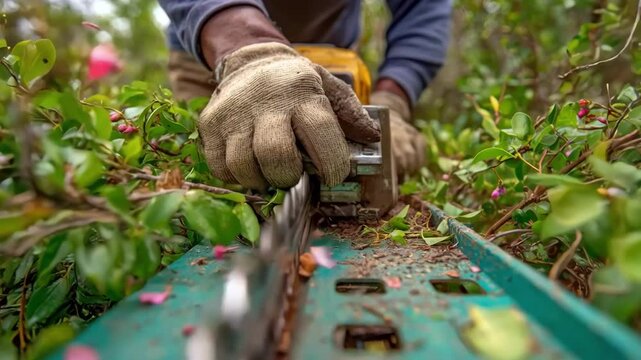 Closeup on hands operating mechanical machinery cutting and clearing dense invasive plants to restore native ecosystems.
