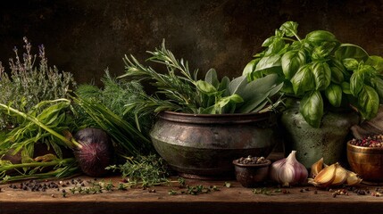 an elegant display of fresh culinary herbs and vegetables prepared for a cooking session highlighting the connection between nature food and gastronomic artistry