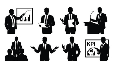 Silhouettes of Business Professionals in Meeting and Presentation Scenes