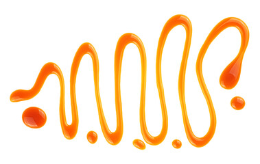 Liquid caramel sauce isolated on a white background, top view. Cream dessert sauce. Toffee caramel sauce.