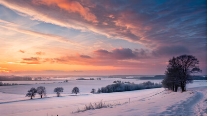 Panoramic winter landscape at sunset with a pink sky over snowy fields and tree