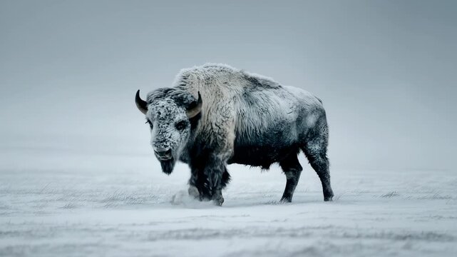 Ultra HD American bison walking in a snowstorm on a winter day with frost on its fur video