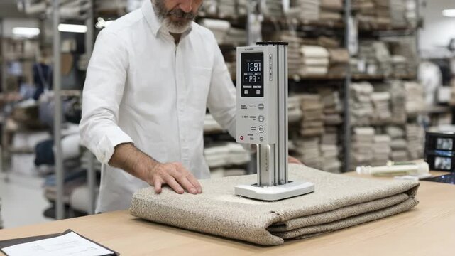 Medium shot showing a textile engineer adjusting a tensile testing device to measure fabric elongation and break point