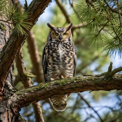 Fototapeta premium Great Horned Owl Perched in Pine Tree with Intense Gaze
