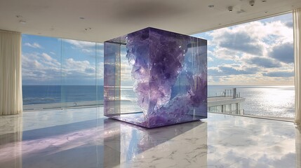 Purple crystal cube art in modern room with ocean view