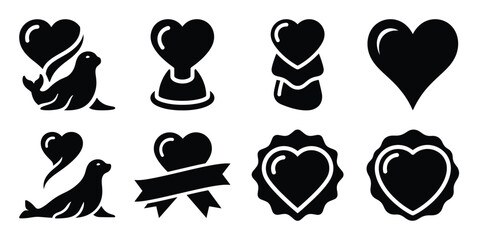 valentine heart seal minimal flat vector icon set, black color and white background