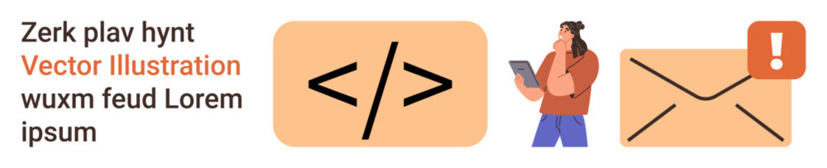 Web development, email communication, coding education, digital alerts, technology concepts, UX design. Visuals include coding icon, tablet user and envelope with notification. Web development