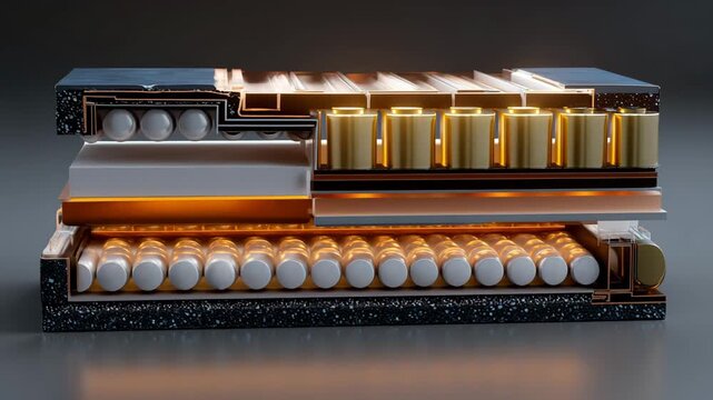 Ultra HD Cross section of a modern electric vehicle battery module showing internal components, layered structure, cells, and thermal management system concept video