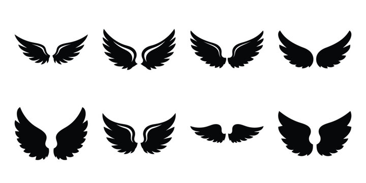 cupid wings minimal flat vector icon set, black color and white background