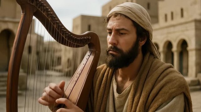 A man in biblical clothing playing a wooden harp in an ancient city. Historical reenactment of King David the psalmist. Ancient religious music and worship concept