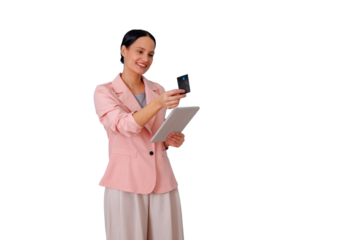 Woman paying online using credit card and tablet for secure e-commerce shopping, smiling for convenience