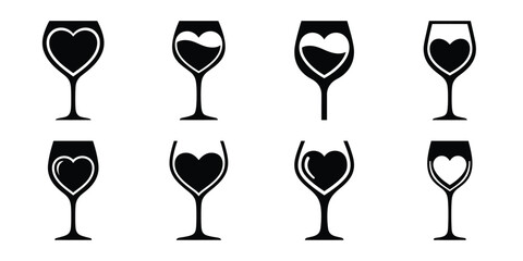 heart wine glass minimal flat vector icon set, black color and white background
