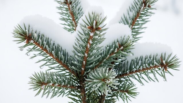 Close up of fresh winter snow resting gently upon the vibrant green needles of a spruce tree branch - Powered by Adobe