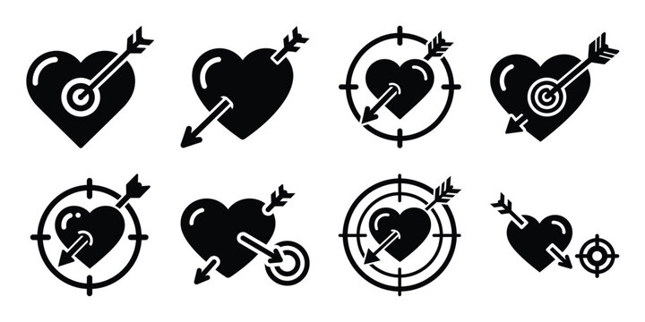 love arrow heart minimal flat vector icon set, black color and white background