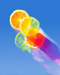 Abstract Colorful Citrus Fruit Slices on Blue Background