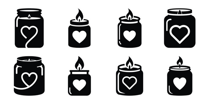 love candle jar minimal flat vector icon set, black color and white background