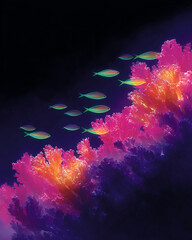 Glowing Neon Fish Swimming over Pink Coral Reef