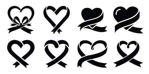 love gift ribbon minimal flat vector icon set, black color and white background