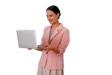 Businesswoman standing and smiling, working with a laptop, focusing on online business, digital communication, and connectivity