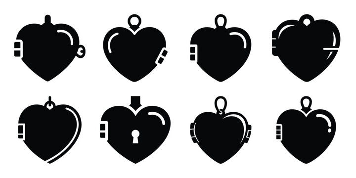 love heart locket minimal flat vector icon set, black color and white background