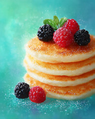 Stack of Pancakes with Fresh Berries and Powdered Sugar