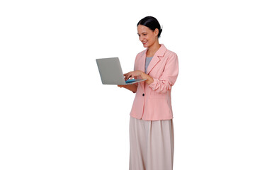 Professional woman standing confidently, smiling and typing on a laptop, conducting online business with transparent background