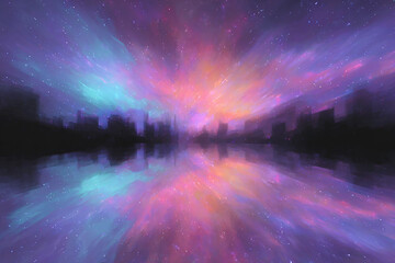 Futuristic City Skyline Reflected in Cosmic Purple Water