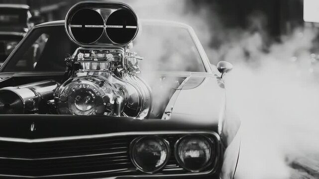 Ultra HD Close up of a powerful classic american muscle car engine with a large chrome supercharger and air intakes, black and white, smoke in background video