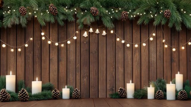 Cozy decorations featuring candles and lights set a joyful atmosphere for holiday gatherings and celebrations in a wooden backdrop