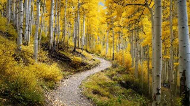Ultra HD Winding dirt path through a dense forest of aspen trees with vibrant yellow autumn foliage video