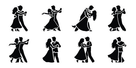 romantic couple dancing minimal flat vector icon set, black color and white background