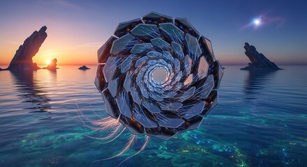 Abstract geometric sphere floating over calm water at sunset